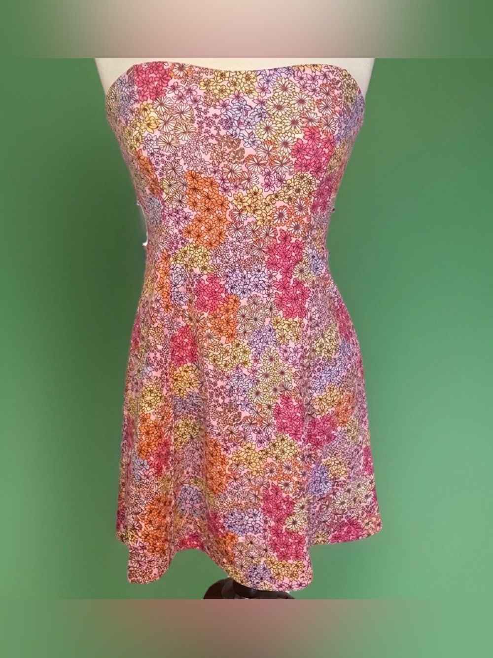 No Comment NY-LA Floral Strapless Dress Large Pink Daisy Mini Fit Flare NWT